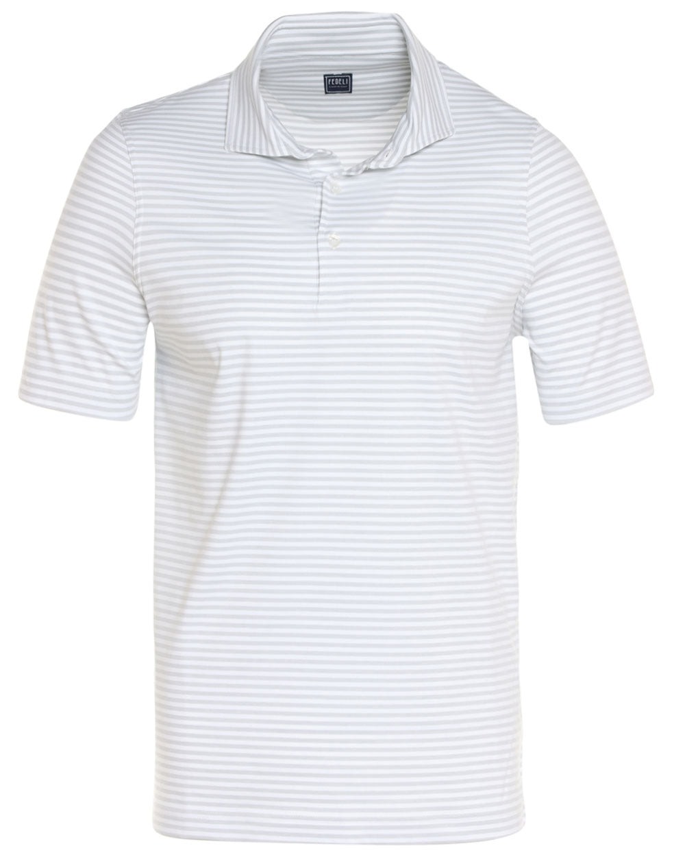 Grey and White Striped Jersey Short Sleeve Polo