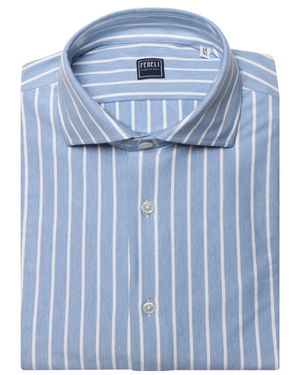 Light Blue and White Wide Striped Stretch Cotton Blend Sportshirt