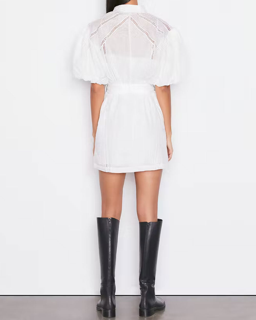 Blanc Inset Lace Puff Sleeve Dress