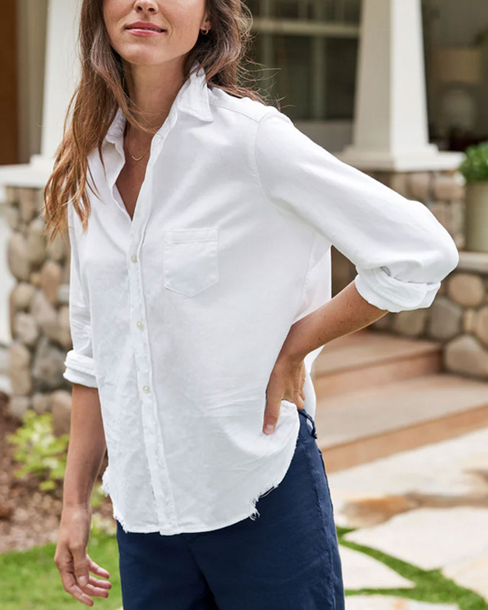 White Tattered Denim Eileen Button Up Shirt