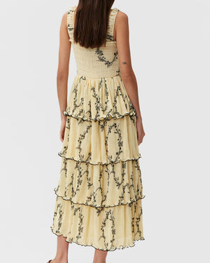 Pale Yellow Floral Pleated Georgette Midi Dress