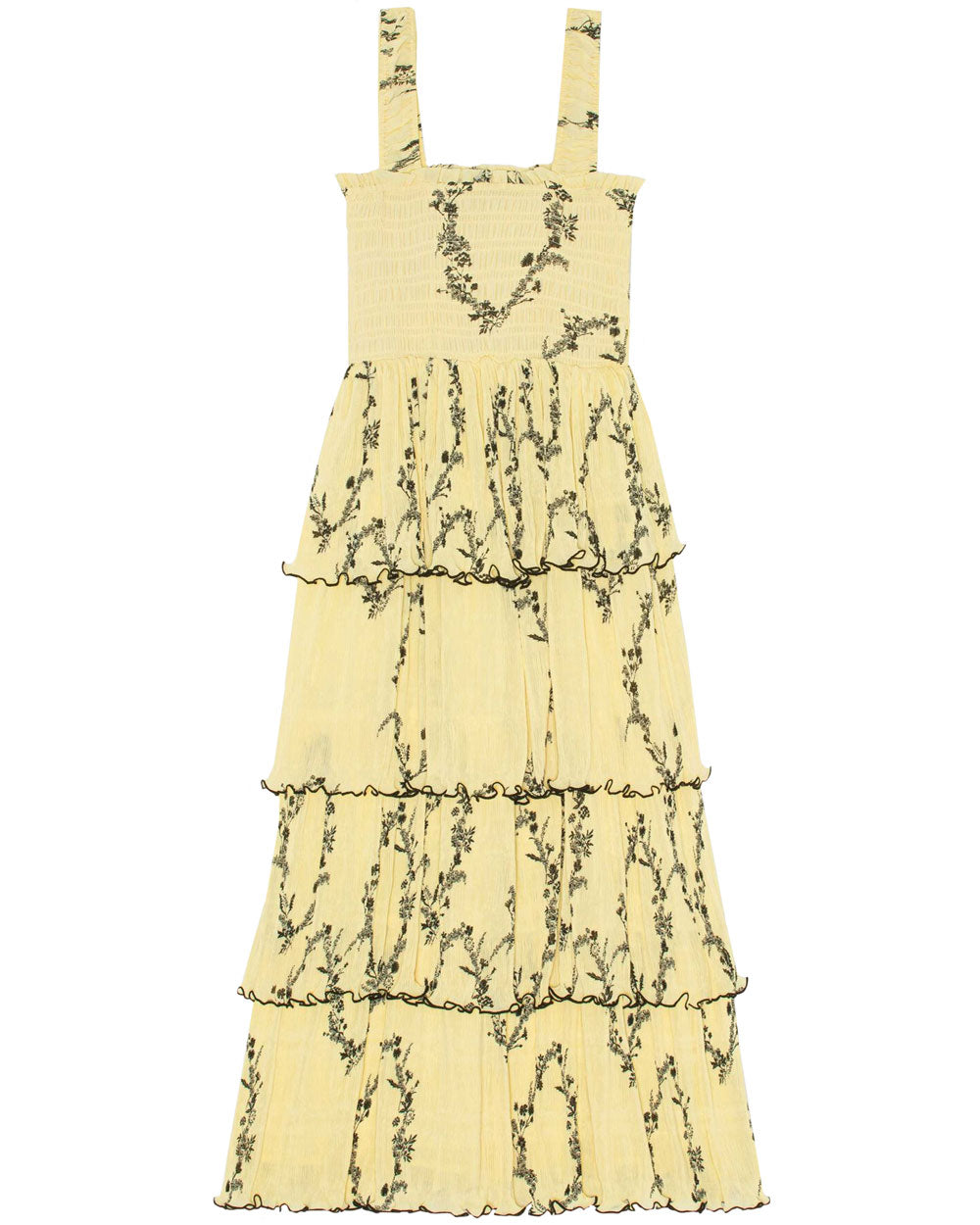Pale Yellow Floral Pleated Georgette Midi Dress