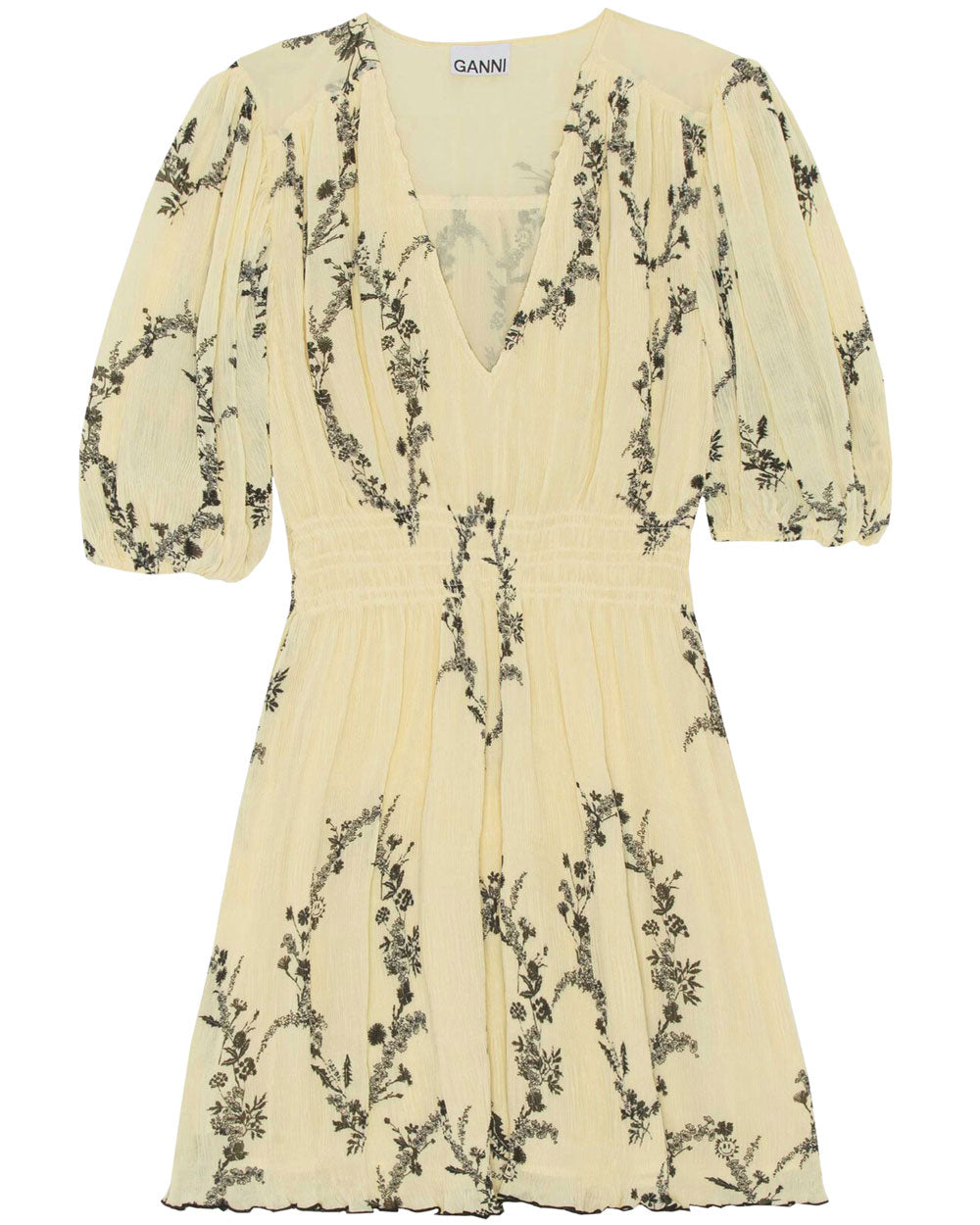 Pale Yellow Floral Pleated Georgette Mini Dress