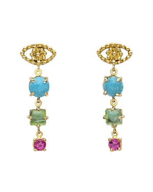 18k Yellow Gold Pink and Blue Eye Earrings