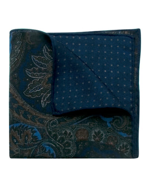 Blue and Beige Wool Paisley Pocket Square