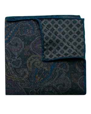 Gray and Teal Paisley Silk Cotton Pocket Square