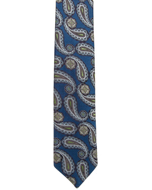 Navy Sky Blue and Lime Green Paisley Tie