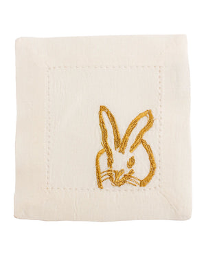Painted Bunny Linen Cocktail Napkin Set in White/Gold