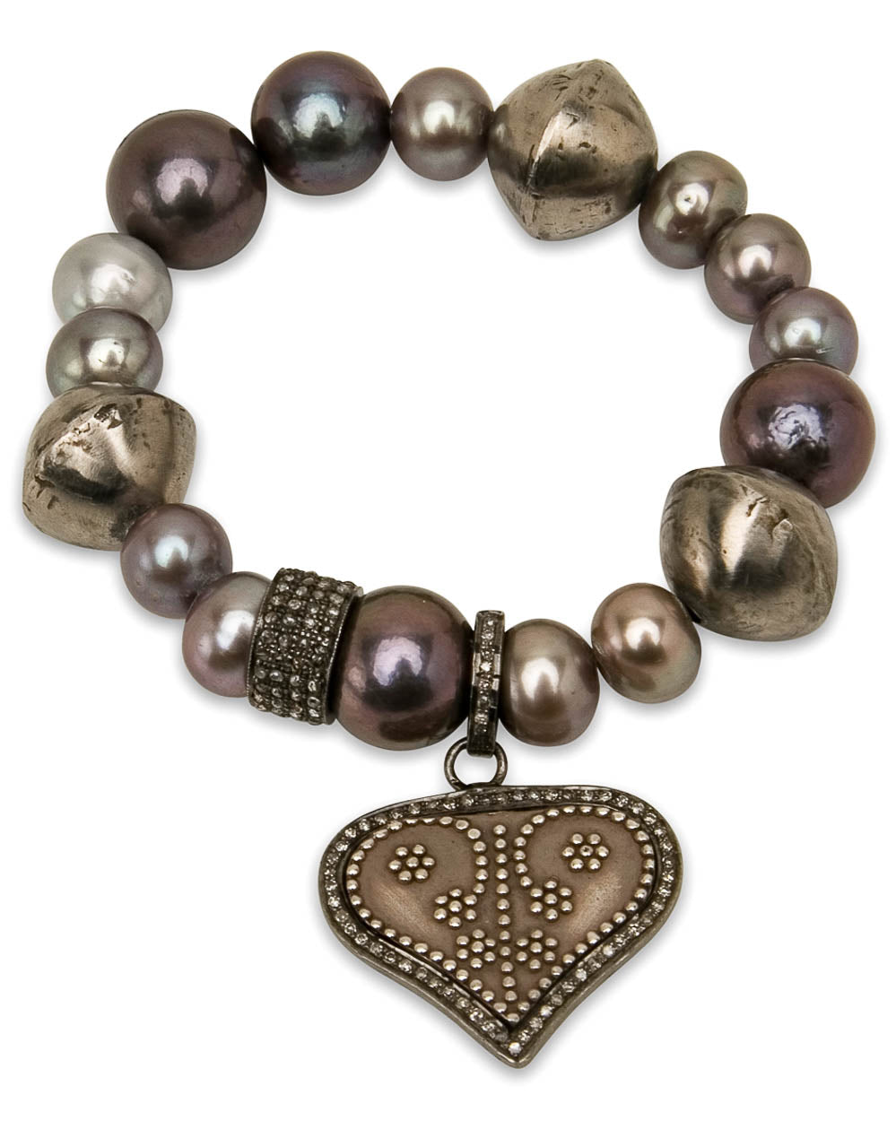 Grey And Purple Silver Pearl Heart Bracelet