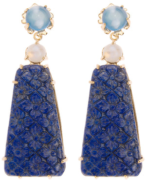 Blue Chalcedony and Carved Lapis Drop Earrings