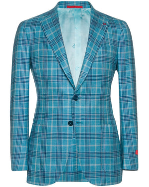 Aqua with Navy and Off White Plaid Sportcoat