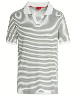 Army Green and White Striped Cotton Short Sleeve Polo