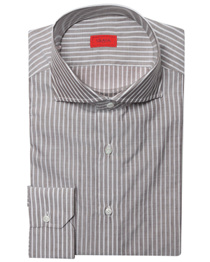 Brown and White Micro Striped Cotton Blend Dress Shirt