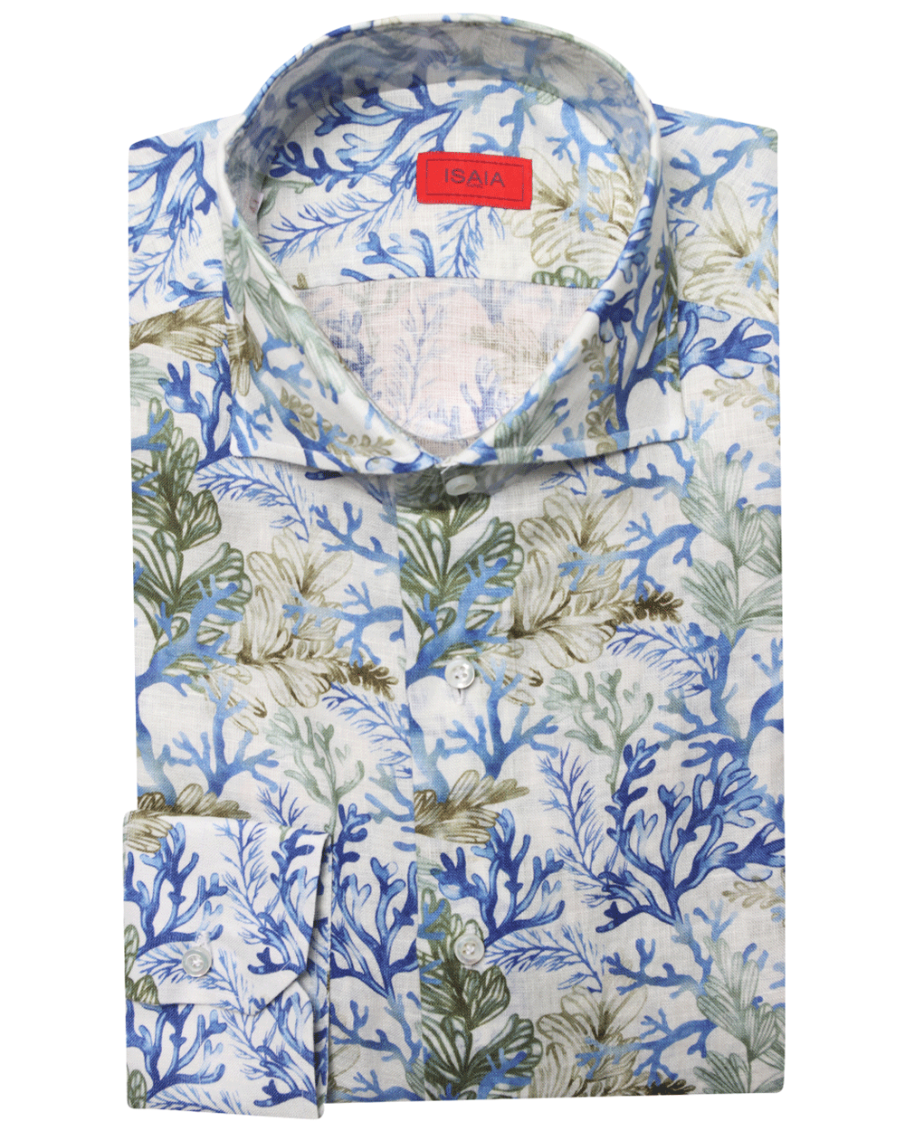 Green and Blue Coral Print Linen Dress Shirt