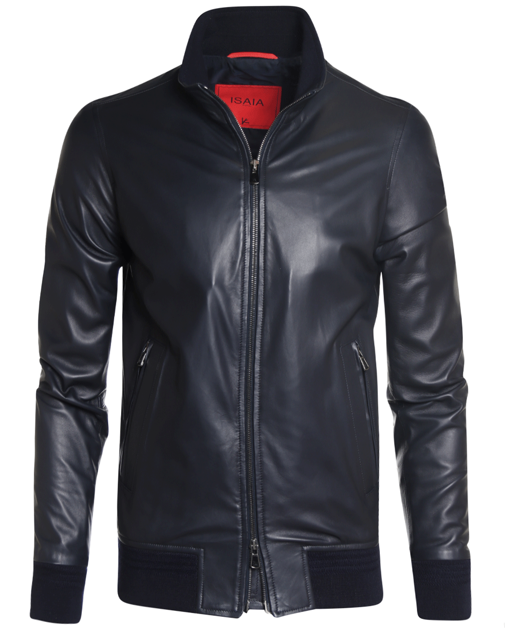 Isaia Leather Utility Jacket in Navy Blue 38R