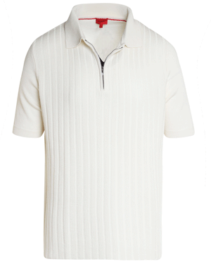 White Brioche Knit Short Sleeve Zip Polo
