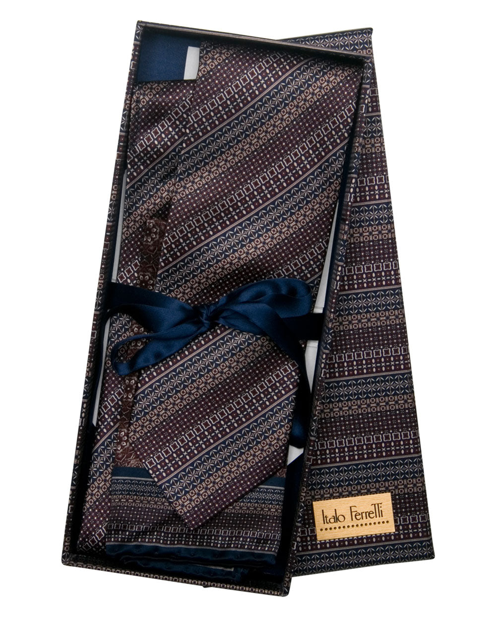 Brown and Navy Tie and Pocket Square Gift Box