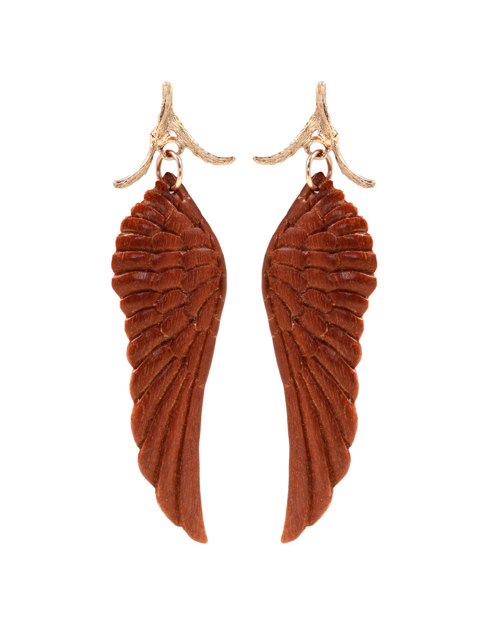 Yellow Gold Carved Sawo Wood Twig Top Angel Wing Earrings