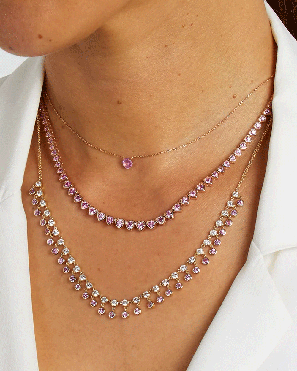 14k Rose Gold Pink Sapphire Hearts Necklace