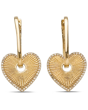 Yellow Gold Diamond Heart Charm Hoop Earrings