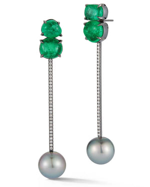 Muzo Emeralds and Grey Pearl Tik Tok Earrings