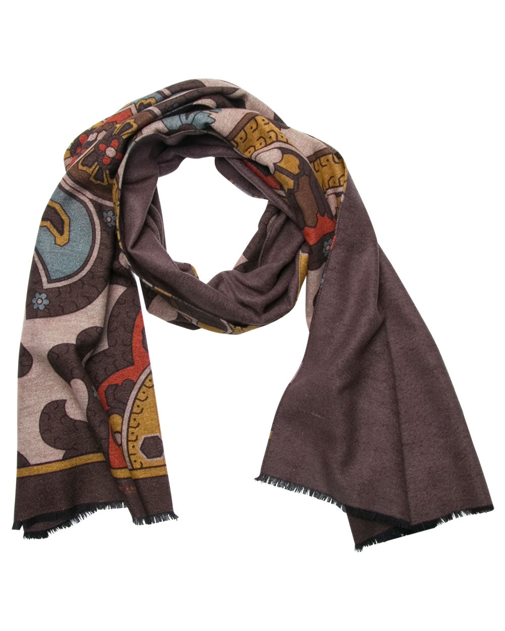 Brown and Multicolor Large Medallion Silk Scarf