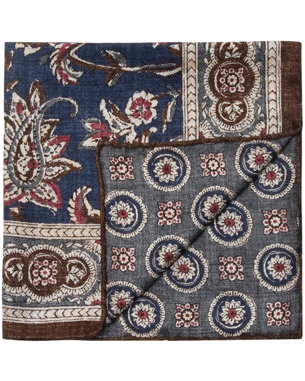 Navy and Brown Floral Medallion Reversible Pocket Square