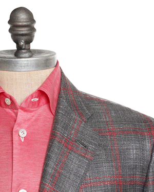 Grey and Red Windowpane Cashmere Blend Sportcoat