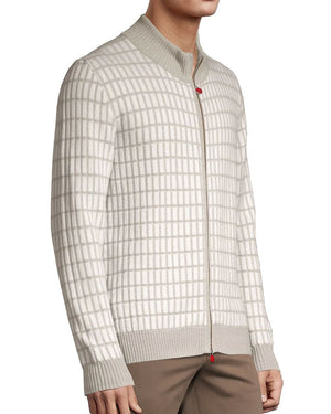 Grey and White Geometric Cashmere Zip Sweater