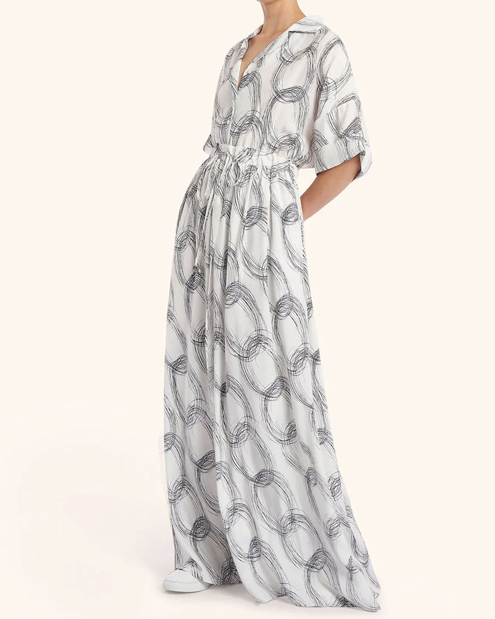 White with Black Circle Print Silk Maxi Dress