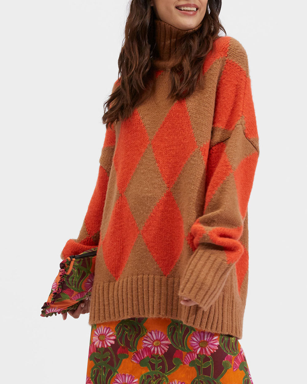 Camel and Orange Argyle Turtleneck Sweater