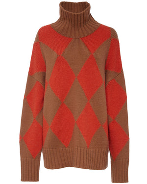 Camel and Orange Argyle Turtleneck Sweater