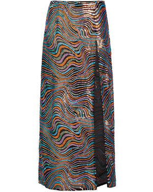 Black Multicolor Swirl Sequin Midi Skirt
