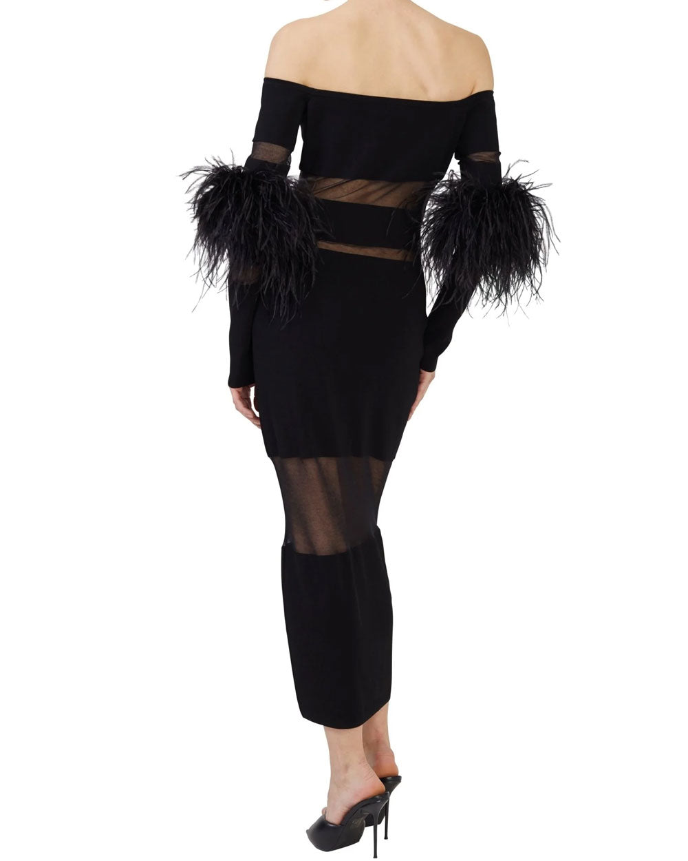 Black Sheer Intarsia Feather Dress