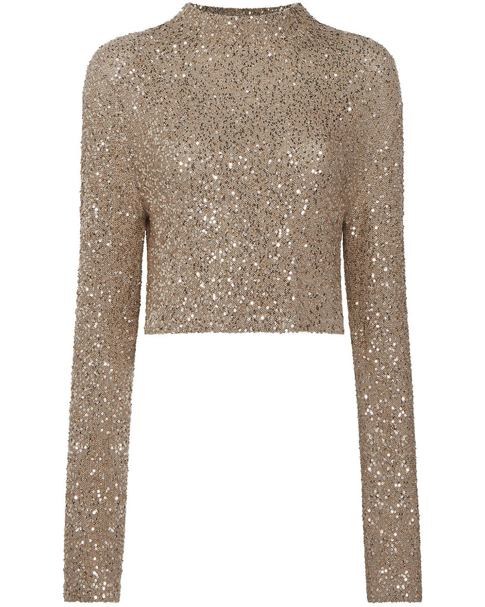 Grey Sequin Cashmere Cropped Mock Neck Top