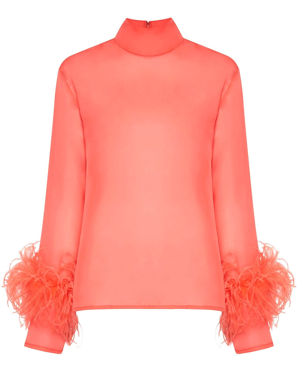 Hot Coral High Neck Organza Top with Feathers