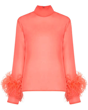 Hot Coral High Neck Organza Top with Feathers