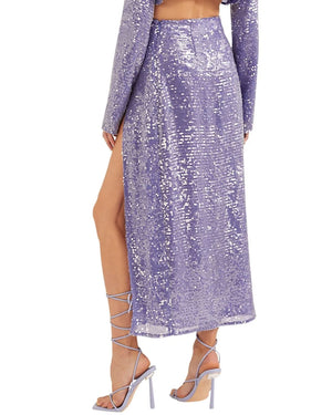 Lilac Sequin High Waisted Slit Midi Skirt