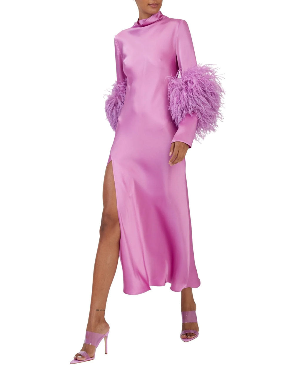 Orchid Satin Draped Bias Feather Dress