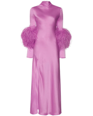 Orchid Satin Draped Bias Feather Dress