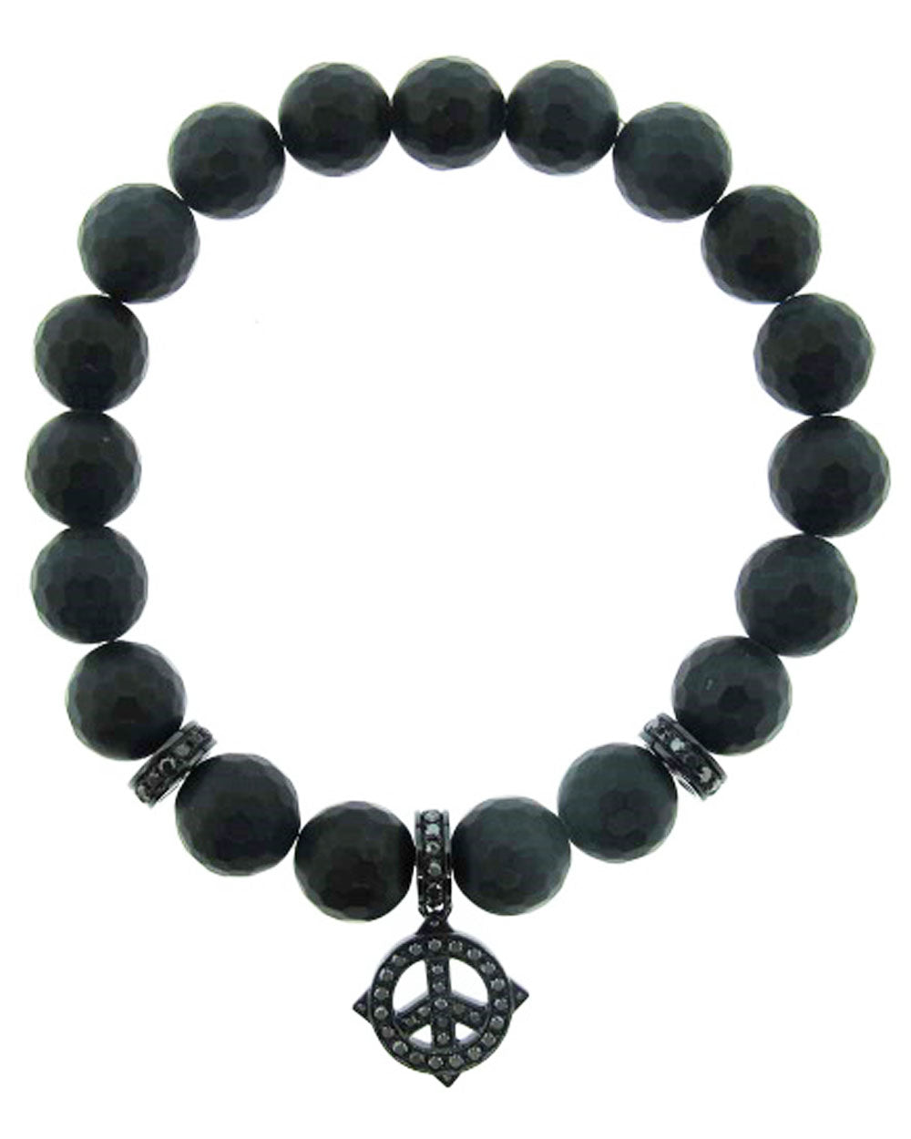 Black Onyx and Diamond Bead Bracelet with Peace Sign Charm