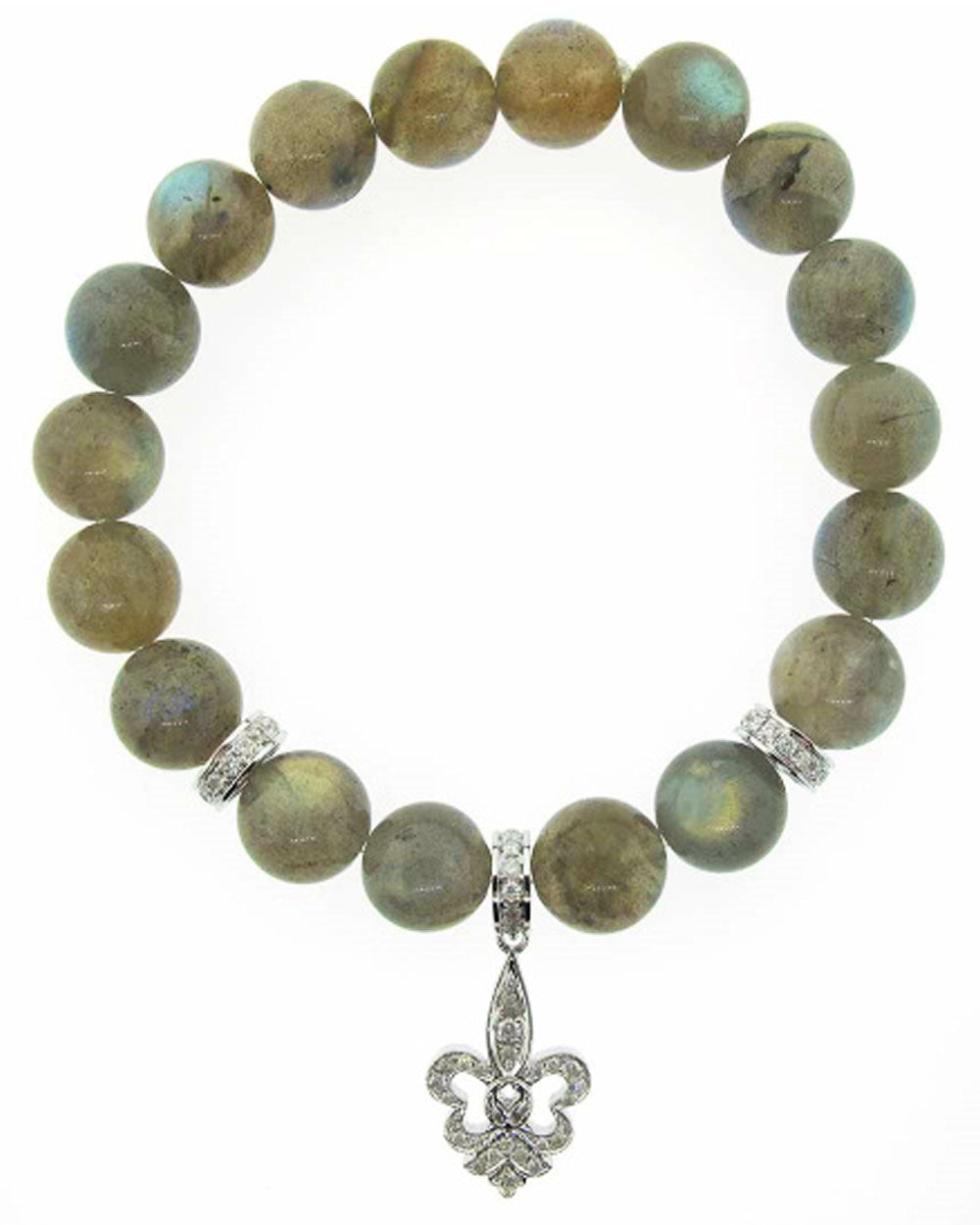 Labradorite and Diamond Bead Bracelet with Fleu-De-Lis Charm
