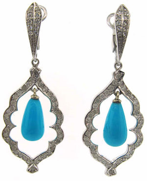 Turquoise and Diamond Open Leaf Earrings