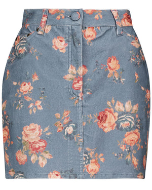 Faded Denim Floral Corduroy Hollywood Mini Skirt