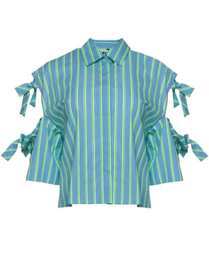 Blue Neon Stripe Camica Bow Sleeve Shirt