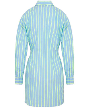 Blue Neon Stripe Long Sleeve Bow Mini Dress