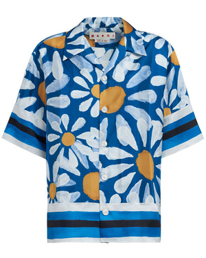 Blue Daisy Print Collared Shirt