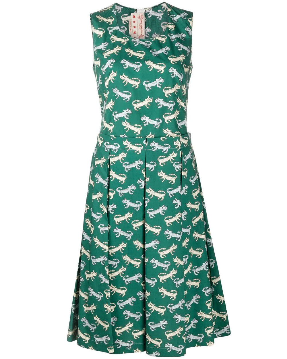 Green Graphic Feline Print A-line Midi Dress