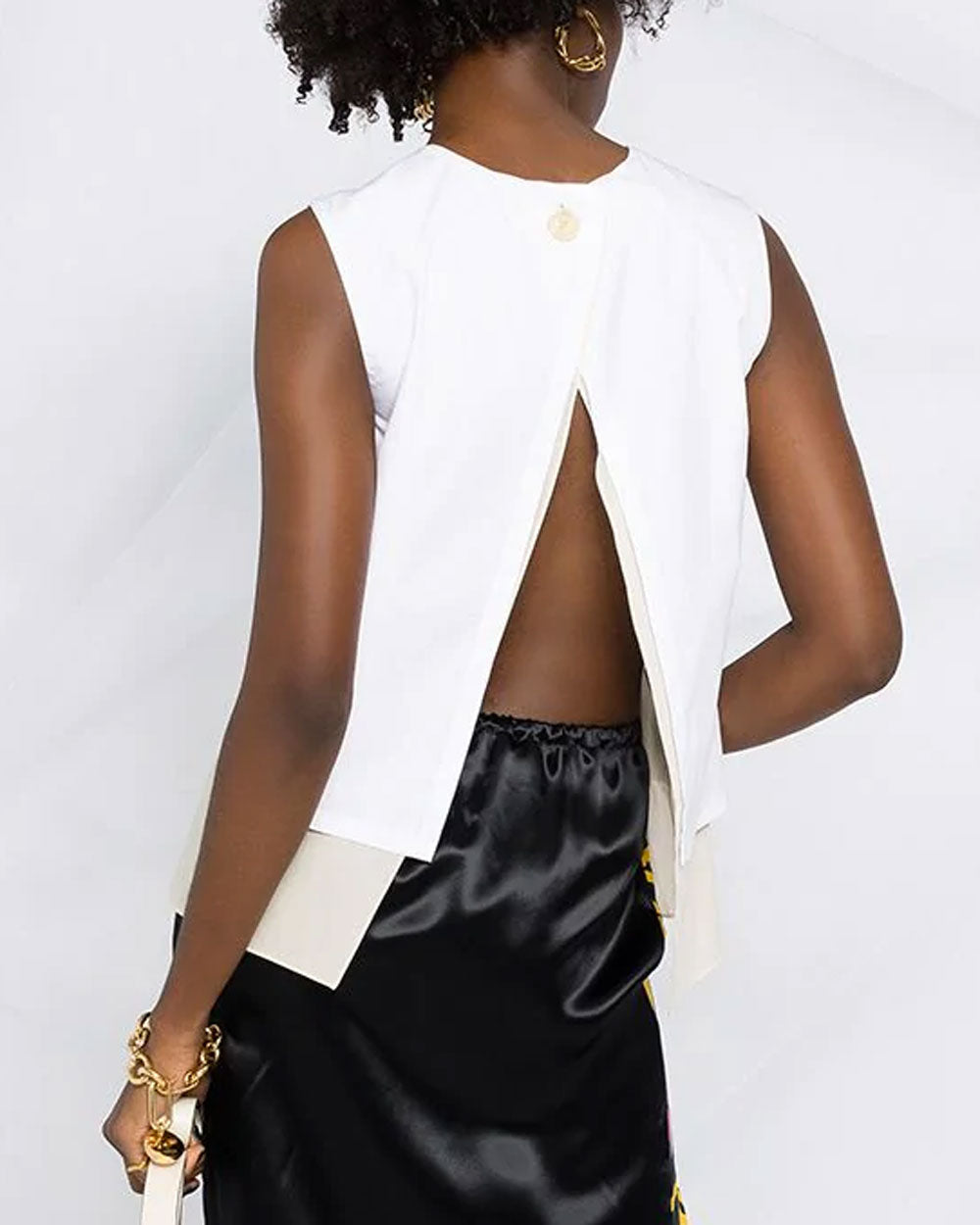 White and Tan Button Back Sleeveless Top