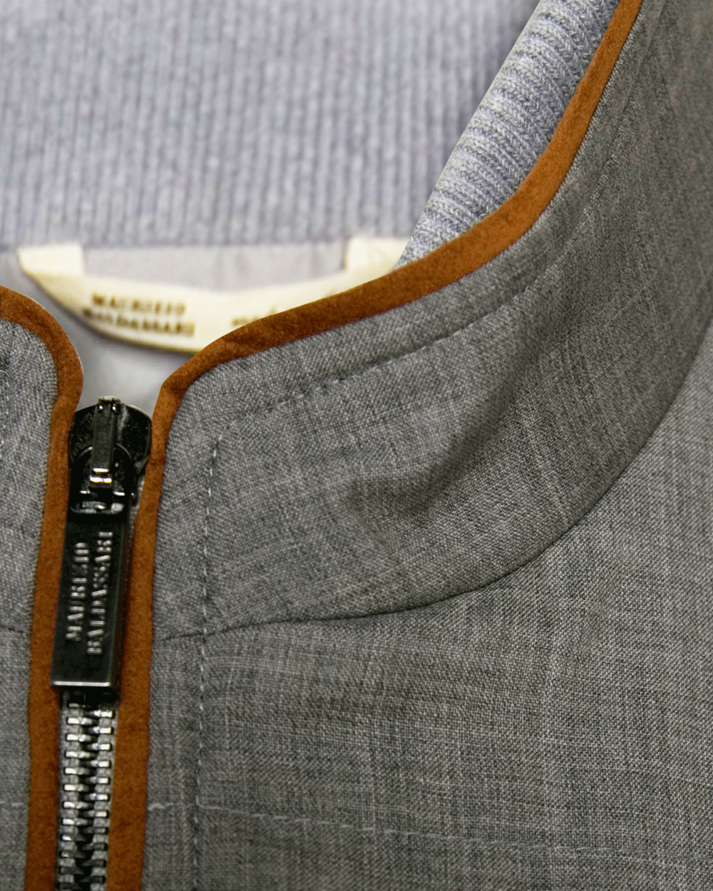 Grey Double Zip Wool Vest with Suede Trim